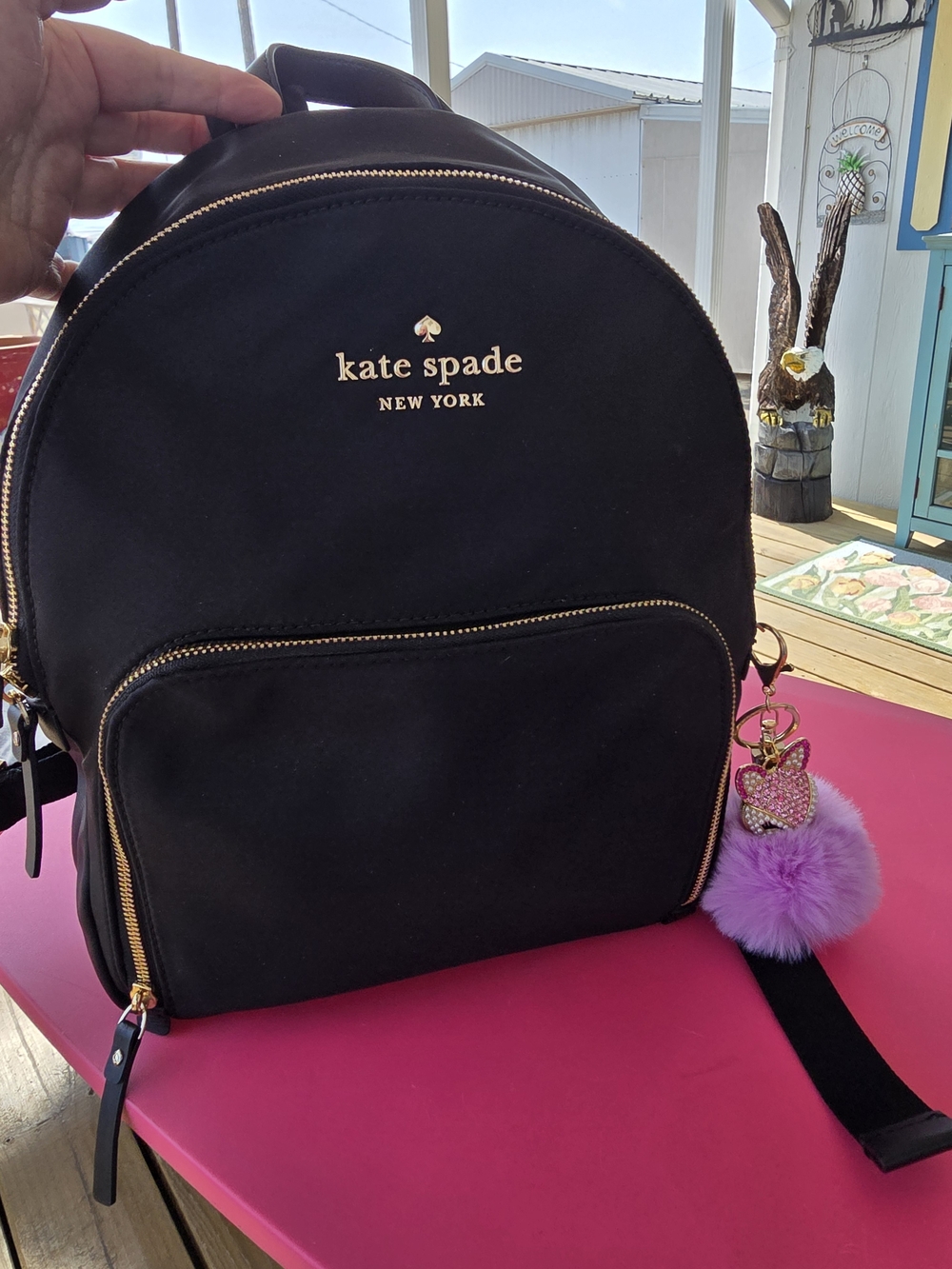kate spade EUC Chelsea Black Backpack with Pink Pom Heart Charm